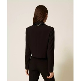Giacca Blazer Donna Con Volant E Tasche | Maniche Lunghe | Orlo Irregolare Plissettato | Nero